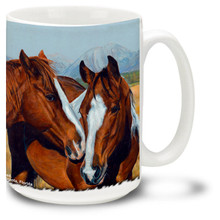 Enjoy your morning coffee with this Friendly Horses Coffee Mug! Featuring Two Nuzzling Horses, this Horse coffee Mug is dishwasher and microwave safe and features a colorful image of horses mug holds 15oz.