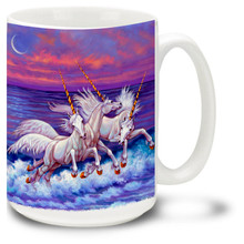 Take a coffee break with this colorful Frolicking Unicorn Coffee Mug! Featuring unicorns enjoying a beach sunset, wild unicorns coffee Mug is dishwasher and microwave safe and features a vivid painting of Unicorns mug holds 15oz.