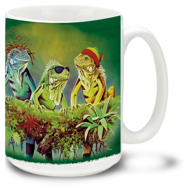 Could there be a better coffee break than one with a colorful Rasta Iguana Coffee Mug? Three iguana friends enjoy a quiet moment, this brightly colored Rasta Iguanas coffee Mug is dishwasher and microwave safe and features a painting of Iguanas mug holds 15oz. of whatever.