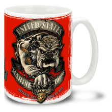 Let the dogs out with a United States Marine Corps coffee mug featuring a rough and tough Marines bulldog. This Marines Bulldog mug is dishwasher and microwave safe and features USMC Bulldog.