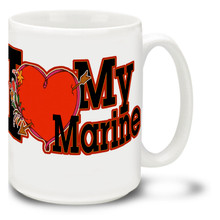 Show the world you love your Marine with a United States Marines mug that says "I Love My Marine". I Love My Marine mug is dishwasher and microwave safe and features a great big heart!