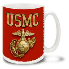 This USMC Eagle Globe and Anchor coffee mug on red features a USMC emblem and letters. Marines Emblem mug is dishwasher and microwave safe. Vivid red with gold USMC logo mug is sure to be a favorite!