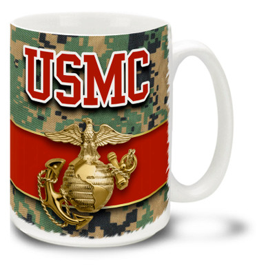This USMC Eagle Globe and Anchor coffee mug on MCU Camo features a USMC emblem and letters. Marines Emblem mug is dishwasher and microwave safe. Vivid MCU Camouflage with gold USMC logo mug is sure to be a coffee break favorite!