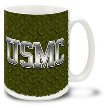 USMC Diamond Steel is a rough and tough USMC mug. This Marines coffee mug on Diamond Steel is dishwasher and microwave safe and features steel USMC logo mug is sure to be a daily coffee favorite!