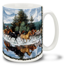 Last of the Wild One Horses Coffee Mug featuring a beautiful herd of wild horses pursued by a wild western cowboy in the cool waters of a mountain stream. Last of the Wild Horses Mug is dishwasher and microwave safe.