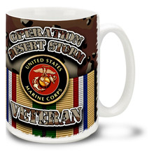 USMC Emblem and Chocolate Chip Camo from the Desert Storm campaign decorate this proud veteran's mug. This Marines Emblem mug on Camo is durable, dishwasher and microwave safe and features round USMC logo mug is sure to be a favorite!