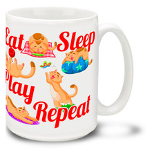 Every cat owner knows the routine, but if you need a reminder you can get this cat coffee mug! Eat, sleep, play - and the occasional need for affection! Eat, sleep, play, repeat cat mug is dishwasher and microwave safe.