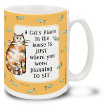 A cat's place is on your favorite chair - no surprise there! Cartoon cat mug tells it like it is. Charming 15oz cartoon cat coffee mug is dishwasher and microwave safe.