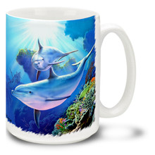 Magical underwater dolphins mug features vivid blues and reef colors. Underwater Dolphins Coffee Mug is dishwasher and microwave safe.