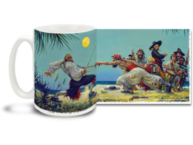 What does a pirate do when he runs out of bullets? Why, grabs his sword of course! Exciting duel action on a great pirate mug. Featuring art from famed Swashbuckler artist Don Maitz, world-renowned for his "Captain Morgan" character art. Moonlight Sword Duel Pirate Coffee Mug is dishwasher and microwave safe.