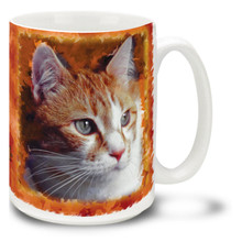 A tabby is any domestic cat that has a coat featuring distinctive stripes, lines or other swirling patterns. Some people call the "tigers"! Add a little wildness to your day with this mystical Orange and White Tabby Cat mug. Cat coffee mug is dishwasher and microwave safe.