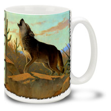Singing his song in the desert sunset, a proud wolf decorates this colorful wolf mug. Desert Song Wolf coffee mug is dishwasher and microwave safe.