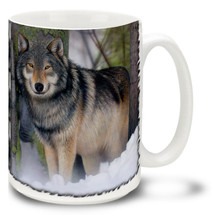 This crisp and vivid painting features a watchful lone wolf in the snow. Warm up in winter with this wolf mug! Lone Wolf coffee mug is dishwasher and microwave safe.