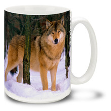 Why wouldn't this wolf be happy? He's about to eat a delicious photographer! Happy Wolf in Snow wolf mug is just about certain to sweeten your coffee, tea or cocoa. Happy Wolf coffee mug is dishwasher and microwave safe.
