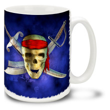 The origins of the pirate skull and crossed bones is from the military concept of "take no prisoners" called "no quarter". Ships seeing a flag with the skull and crossbones knew that the intentions were hostile! Take no prisoners with this pirate skull mug, complete with crossed swords! Pirates Skull Coffee Mug is dishwasher and microwave safe.