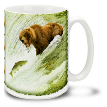 Grizzly Bears love the taste of fresh salmon, and none are fresher than the ones jumping out of the water! Have a big breakfast with this Grizzly Bear coffee mug. 15oz Fishing Grizzly Bear coffee mug is durable, dishwasher and microwave safe.