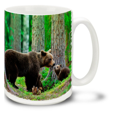 Mother bears teach their cubs well, and a baby bear gets a few years to learn and play before having to get on with the harsh business of life. Celebrate the good times in life with this Bear and Cubs coffee mug. Plenty of room to personalize with a name or favorite saying, this 15oz Bear and Cub coffee mug is durable, dishwasher and microwave safe.