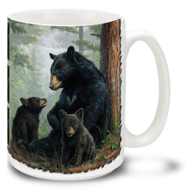 Black bears enjoy their cool forest surroundings, and this bear family is no exception. A mama bear seems to be talking directly to her young cup on this popular Black Bear Mug. Black Bear and Cub coffee mug is dishwasher and microwave safe.