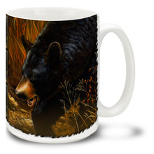 Black bears are largely vegetarian, but they certainly like to have a nice fish dinner on occasion! Black bears are also fond of honey - and bees! Black bears eat many insects and actually do dine on bees as well as honey. This fellow has certainly caught the scent of something good!  Fall is in the air with this Scent of Autumn Black Bear Mug. This 15oz Black Bear coffee mug is durable, dishwasher and microwave safe.