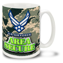 The United States Air Force stands vigilant every day, keeping the world safe from treacherous threats. Feel secure with this U.S.A.F. camo mug! 15oz Area Secure Air Force camo Coffee Mug is durable, dishwasher and microwave safe.