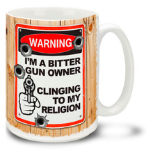 Tell it like it is with this Warning: I'm A Bitter Gun Owner Clinging to My Religion gun coffee mug complete with bullet holes. Let's hope your coffee isn't bitter! Fun Warning Sign gun mug is dishwasher and microwave safe.