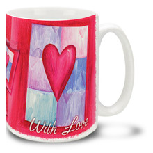 Simple and easy to understand, the heart is the symbol of love! Give some love with this Hearts with Love mug. Brightly colored heart coffee mug is durable, dishwasher and microwave safe.