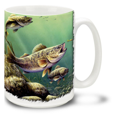 Walleyes are prized as a delicious freshwater fish and these fellows look like a great catch! Stay up late to fish for the nocturnal walleye with some coffee in your Feeding Walleyes Coffee Mug! This exciting Walleye Mug is dishwasher and microwave safe and celebrates fishing mug holds 15oz. of your favorite coffee.