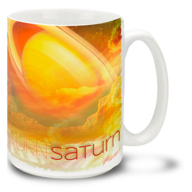 Saturn is thought by many to be the most beautiful planet in our solar system, and intrigues us all with moons possibly bearing liquid water and even life! Lift off with this colorful Saturn Coffee Mug!  Bright, vivid Saturn Mug is dishwasher and microwave safe and holds 15oz. of your favorite coffee.