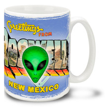 Aliens are real. ...real cool, that is! The truth is out there with this colorful Greetings From Roswell Alien mug! Featuring retro style Roswell, New Mexico graphic and extraterrestrial, this Alien Coffee Mug is dishwasher and microwave safe and holds 15oz. of your favorite coffee.