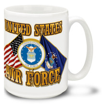 United States Air Force Cross Flags coffee mug features United States and U.S.A.F. Flags and official Air Force Emblem. This Air Force mug is dishwasher and microwave safe.