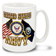 United States Navy Cross Flags coffee mug features United States and U.S. Navy Flags and official Air Force Emblem. This Navy mug is dishwasher and microwave safe.