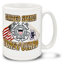 United States Coast Guard Cross Flags coffee mug features United States and U.S. Coast Guard Flags and official Coast Guard Emblem. This Coast Guard mug is dishwasher and microwave safe.