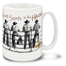 Now here's a mug with a view! Find a reason to get out of bed with this Cowgirl "Best Seats in the House" coffee Mug. Fun Cowgirl Mug is dishwasher and microwave safe.