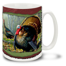 You'll just gobble up this Woodland Turkey mug! Colorful 15oz Turkey coffee mug features a proud pair of turkeys and is dishwasher and microwave safe.