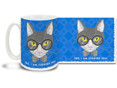 Don't leave any doubt with this cat mug with attitude! Hip Cat lovers and catty hipsters everywhere would enjoy a cup of java in this clever blue Cat Mug... 15oz cartoon cat coffee mug is dishwasher and microwave safe.