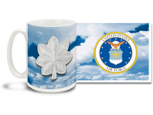 U.S.A.F. Officer Ranks mug - Choose Your Rank on a Daring Sky Background! This United States Air Force mug features your rank insignia on a vivid sky background. Cuppa's U.S.A.F. Rank Mug is dishwasher and microwave safe and features approved USAF Emblem. Your U.S. Air Force rank mug is sure to be a coffee break favorite!