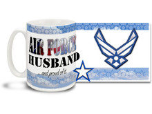 Show your pride in your United States Air Force wife with this colorful Air Force Husband and Proud coffee mug. U.S. Air Force mug also makes a great gift for your proud hubby! 15oz Air Force Husband Coffee Mug is dishwasher and microwave safe.