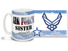 Show your pride in your United States Air Force brother or sister with this colorful Air Force Sister and Proud coffee mug. U.S. Air Force mug also makes a great gift for your proud Sis or Bro! 15oz Air Force Sister Coffee Mug is dishwasher and microwave safe.