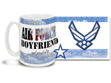 Show your pride in your United States Air Force girlfriend with this colorful Air Force Boyfriend and Proud coffee mug. U.S. Air Force mug also makes a great gift for your proud gentleman friend! 15oz Air Force Boyfriend Coffee Mug is dishwasher and microwave safe.