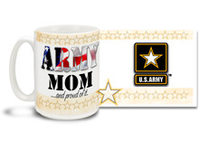 Show your pride in your United States Army Son or Daughter with this colorful Army Mom and Proud of It coffee mug. U.S. Army mug also makes a great gift for your proud mother! 15 oz Army Mom Coffee Mug is dishwasher and microwave safe.