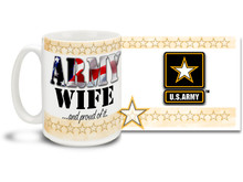 Show your pride in your United States Army Husband with this colorful Army Wife and Proud of It coffee mug. U.S. Army mug also makes a great gift for your better half! 15 oz Army Wife Coffee Mug is dishwasher and microwave safe.