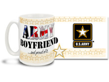 Show your pride in your United States Army Girlfriend with this colorful Army Boyfriend and Proud of It coffee mug. U.S. Army mug also makes a great gift for your special man! 15 oz Army Boyfriend Coffee Mug is dishwasher and microwave safe.