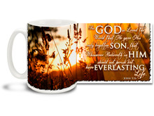 Greet the sun every blessed morning with this beautiful Christian Inspiration coffee mug featuring the popular passage from John 3:16 "For God so Loved the World that He gave His only begotten Son, that Whosoever Believeth in Him should not perish but have Everlasting Life". 15 oz John 3:16 Inspirational Coffee Mug features a vibrant sunrise over a growing field of grain and is dishwasher and microwave safe.