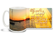Get out there and Let Your Light Shine with this beautiful Christian Inspiration coffee mug featuring the popular passage from Psalm 119:105 "Thy word is a Lamp unto my feet, and a Light unto my path". 15 oz Psalm 119:105 Inspirational Coffee Mug features beautiful sunset with sailboats and is dishwasher and microwave safe.