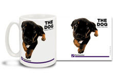 Get up close and personal with your favorite dog breeds with "The Dog" mug featuring the popular Rottweiler! Rottweiler lovers know these handsome canines are good natured, placid and obedient. Colorful 15oz The Dog Rottweiler coffee mug is dishwasher and microwave safe.