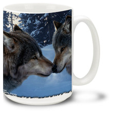 Two loving American Gray Wolves caught in an affectionate kiss on this colorful wolf mug. Common to the wilderness and remote areas of North America, the Gray Wolf is the sole ancestor of every domestic dog. 15oz Wolf Coffee Mug is dishwasher and microwave safe.