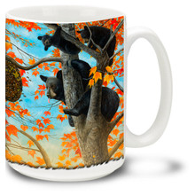 American black bears looking for some sweet honey in the trees. Unfortunately the bees aren't so happy to share on this bear coffee mug! 15oz Black Bear Mug is dishwasher and microwave safe.