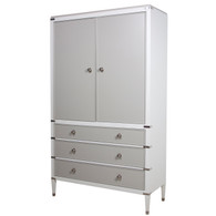 Gramercy Armoire
Body Finish: Snow
Upgraded Second Color on Drawer, Door and Top Finish: Dior Gray
Chest Straps: Polish Nickel
Toe Caps: Polish Nickel
Knobs: Upgraded Polish Nickel #1