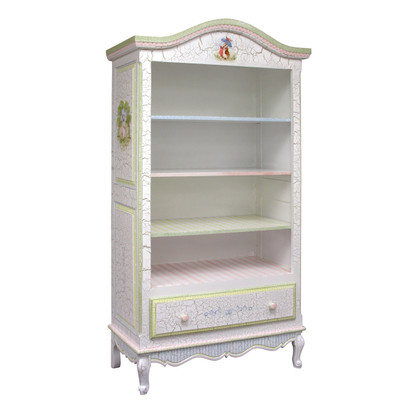 Tall French Bookcase
Finish: Antico White on Gray Crackle
Hand Painted Motif: Enchanted Forest
Knobs: Wood