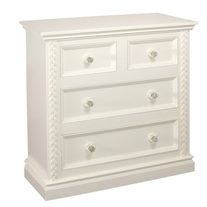 Cody Chest
Finish: Antico White
Appliqued Moulding Option: AFK Standard Moulding in Antico White
Upgraded Knobs: Glass Knobs with Silver Base and Florets in Antico White